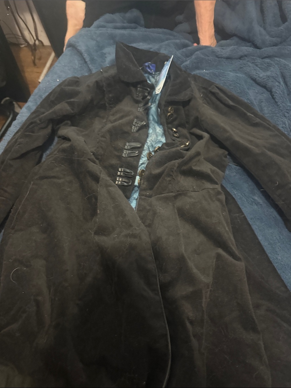 Black Long Velvet Duster Coat with Blue Satin Lining